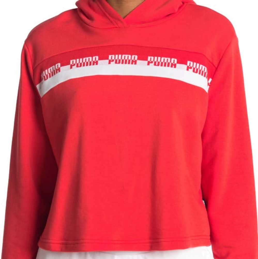 Puma Cropped Hoodie With Chest Stripe Logo Medium in Poppy Red
